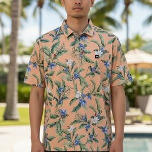 Bad Birdie Tropical Floral Polo Shirt - Peach and Green